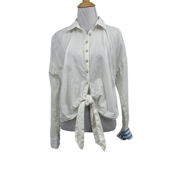 Maeve Shirt Womens 10 White Button Up Tie Front Flip Cuffs Stripe Anthropologie - Picture 1 of 13